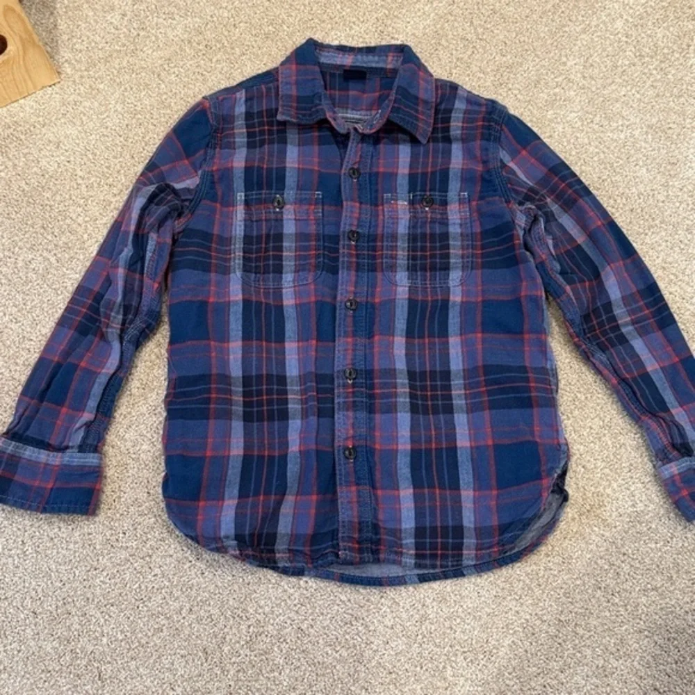 GAP Boys Navy Red Plaid Flannel Button Front Shirt Size 8